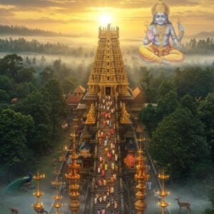 A majestic aerial view of Sabarimala temple nestled in dense Western Ghats forests during dawn, with golden sunrays breaking through misty clouds. The iconic 18 sacred steps (Pathinettam Padi) in intricate gold detail leads to the sanctum sanctorum. Hundreds of devotees in traditional black attire and irumudi kettu on their heads form a flowing river of faith ascending the steps. Lord Ayyappa's divine form appears as a subtle, ethereal manifestation in the sky - seated in padmasana, wearing sacred rudraksha and golden ornaments, emanating a serene blue aura. The scene is enhanced with floating oil lamps, vibrant marigold garlands, and sacred symbols like the bow and arrow. The lighting creates a mystical atmosphere with warm golden hues mixing with cool morning mist. The art style combines hyperrealistic digital painting with traditional Kerala mural art elements, featuring rich details in gold, deep blues, forest greens, and saffron. Small groups of forest deer and peacocks can be seen in the periphery, symbolizing the temple's natural sanctuary setting.