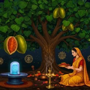 A detailed illustration of a majestic Bael tree in full bloom at twilight, its distinctive trifoliate leaves rendered in deep emerald green with golden highlights. The trunk shows intricate Madhubani-style patterns in rich brown and gold. Large, ripe, golden-green bael fruits hang prominently from the branches, with one split open to reveal its aromatic orange pulp. In the foreground, a serene Indian woman in a flowing saffron silk saree performs a puja, offering bael leaves on a copper thali to a crystal Shiva lingam that emits a soft blue ethereal glow. The scene is decorated with brass diyas casting warm light, while floating mandalas and yantra patterns in gold and peacock blue hover in the background. Delicate threads of fragrant smoke from copper incense holders curl upwards, creating mystical patterns. The overall composition combines photorealistic details with spiritual symbolism, enhanced by a dreamy atmosphere with particles of golden light floating in the air. The color palette focuses on deep greens, earthy browns, spiritual saffron, and metallic gold, with hints of celestial blue.