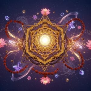 A mesmerizing 3D yantra floating in ethereal space, constructed with precise golden lines forming intricate geometric patterns of interlocked triangles, squares, and circles. The central bindu radiates divine energy with soft white light. Surrounding the yantra are multiple translucent mandalas in deep indigo and saffron colors, rotating slowly in different planes. Sacred lotus flowers in pastel pink float at each cardinal point, their petals releasing glowing particles. The background features a gradient from deep purple to midnight blue, with subtle Madhubani-style peacock motifs. Streams of light in gold and silver weave through the geometry, forming Sri Chakra patterns. Small crystals and rudraksha beads orbit the entire composition, catching and reflecting light. The scene is illuminated by an otherworldly glow, creating depth and dimension. The style combines hyperrealistic 3D rendering with traditional Indian art elements, featuring rich textures and metallic accents. All lines are sharp and precise, with perfect mathematical symmetry, cinematic lighting, and 8k resolution.