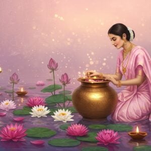 A serene Indian woman in a pastel pink silk saree kneeling beside a large, ornate copper vessel filled with water, carefully tending to blooming sacred lotus flowers. The lotuses showcase different stages of growth - from buds to fully bloomed flowers in shades of pink and white. Golden light filters through a misty atmosphere, creating halos around the flowers. The scene features intricate Madhubani-style border patterns with peacocks and lotus motifs in deep blue and gold. Small floating diyas with gentle flames surround the flowers. The background shows a gradient from dawn pink to spiritual purple, with delicate mandala patterns. Floating lotus petals and leaves create leading lines in the water. The woman wears traditional gold jewelry and has a peaceful expression, her hands positioned in a nurturing gesture. Ethereal particles of light dance around the scene, suggesting divine presence. The composition should be styled like modern botanical art with photorealistic details of lotus anatomy, while maintaining a dreamy, spiritual quality. Soft reflections in the water add depth and mysticism to the scene.