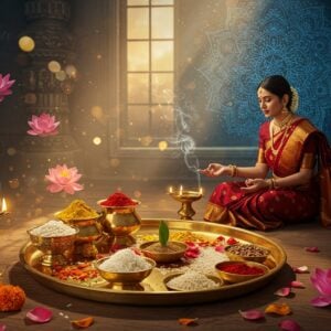 A serene indoor temple setting with soft golden light streaming through ornate windows, illuminating an intricately arranged traditional puja thali made of polished brass. The thali contains perfectly arranged sacred items: red kumkum in an elaborate silver container, yellow turmeric powder in a copper vessel, white rice grains forming a small pristine mountain, fresh marigold and rose petals scattered artistically, burning incense with wispy smoke trails forming ethereal patterns, and a glowing brass diya with a dancing flame. A beautiful Indian woman in a rich maroon silk saree with golden border performs puja, her hands gracefully positioned in mudras. Behind her, a large, modern interpretation of a mandala in deep blues and golds glows softly on the wall. The scene features floating translucent lotuses, subtle light orbs, and delicate geometric patterns in the air. The lighting is warm and mystical, with rays catching the smoke patterns. Photorealistic digital art style with traditional Indian artistic elements, emphasizing the interplay of light and sacred elements. Ultra-detailed textures on brass items, fabric, and flowers.