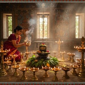 A serene indoor temple scene with golden light streaming through ornate windows, illuminating an array of traditional brass and silver oil lamps (deepams) arranged in a circular mandala pattern. At the center, a beautifully detailed copper kalash adorned with mango leaves and coconut, filled with sacred oil that glows with an ethereal golden light. In the foreground, an Indian woman in a rich maroon silk saree performs abhishekam, carefully pouring oil from an ornate silver vessel onto a small Shiva lingam. Intricate Madhubani-style patterns frame the scene, featuring peacocks, lotus motifs, and traditional geometric designs in deep indigo and saffron hues. Smoke from lit lamp wicks creates delicate swirls in the air, catching the golden light. Small oil droplets sparkle like diamonds, captured mid-pour in photorealistic detail. The background features hand-painted temple walls with traditional Kerala mural art style depicting sacred scenes. The overall composition emphasizes the divine connection through warm lighting, rich textures, and a mystical atmosphere.