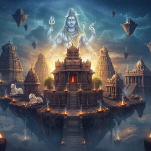 A majestic Lord Shiva temple complex floating in a mystical ethereal space, with multiple architectural styles blending seamlessly - from ancient Dravidian gopurams to Nagara-style spires. Lord Shiva, 12 feet tall, appears as a semi-transparent divine form in meditation pose above the main temple, with four arms - upper right holding trishul, upper left holding damaru, lower hands in dhyan mudra. His form emanates a soft blue aura mixing with golden light. The temple structure features intricate stone carvings showing stories from Shiva Purana, with sacred Nandi in pure white stone seated at the entrance. Multiple levels of the temple are connected by floating stone pathways surrounded by glowing lotus flowers. Smoke from ritual fires creates mesmerizing patterns in the air. The scene is illuminated by both earthly diyas and divine light streaming from the crescent moon in Shiva's hair. The color palette combines deep blues, burnished golds, and sacred ash grey. Photorealistic digital art style with strong attention to architectural details and religious accuracy, magical atmosphere with ethereal lighting effects. Hyperdetailed in 8k resolution.