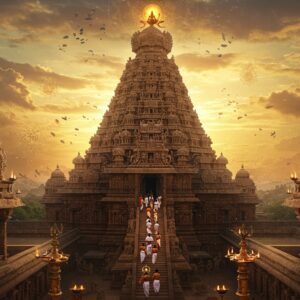 A magnificent aerial view of the Brihadeeswarar Temple at golden hour, with its 216-foot tall pyramid-shaped vimana casting long shadows. The temple's intricate Dravidian architecture features detailed stone carvings in warm sandstone tones. In the foreground, a group of devotees in traditional Tamil attire (men in white veshtis and women in silk sarees) climb the temple steps, carrying brass temple lamps with glowing flames. The sky features ethereal patterns of floating lotus petals and geometric mandala designs in shades of saffron and gold. Mystical rays of light pierce through clouds, illuminating the temple's massive Nandi statue. The scene is bordered by stylized gopurams with intricate classical Tamil motifs and patterns. The atmosphere combines photorealistic architecture with magical surreal elements - floating diyas, glowing Sanskrit symbols, and swirling energy patterns in peacock blue and deep maroon. The lighting emphasizes golden hour warmth with subtle divine glow. Art style merges hyperrealistic architectural details with ethereal Madhubani-inspired patterns and modern digital art techniques.
