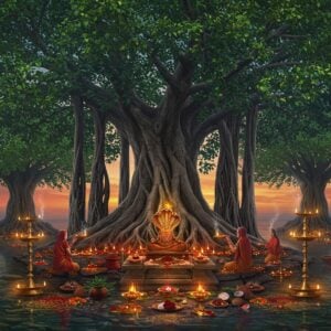 A majestic ancient Banyan tree with an enormous twisted trunk at center, its aerial roots forming intricate patterns like flowing silver threads. The tree emanates a soft, divine golden aura. Around its base, a sacred thread (janeu) is tied, with vermillion and turmeric marks. Beneath it sits a beautifully carved stone Naga shrine with milk offerings and flowers. The Peepal tree stands to its right, its heart-shaped leaves shimmering with ethereal blue energy. To the left, a Neem tree with healing green aura and floating Ayurvedic symbols. Small oil lamps and incense sticks create a mystical atmosphere with rising smoke forming traditional Madhubani patterns in the air. The scene is set during twilight with soft pink and orange sky. Crystal-clear water flows around the trees' bases, reflecting the divine light. Small groups of devotees in traditional Indian attire perform aarti with brass thalis. Scattered marigold and lotus flowers, coconuts, and sacred leaves create a ritualistic foreground. The art style combines hyperrealistic textures with mystical Indian art elements, featuring deep jewel tones of emerald, saffron, and royal blue, with supernatural lighting effects and a dreamy, spiritual atmosphere.