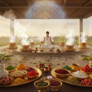A serene Indian wellness sanctuary at sunrise, featuring a central figure of an Ayurvedic practitioner in pristine white traditional attire performing a healing ritual. The scene is set in a modern glass-and-wood pavilion surrounded by medicinal herbs like tulsi, ashwagandha, and neem arranged in geometric patterns. Crystal-clear water flows in copper vessels, with steam carrying vibrant healing energies in swirling patterns of gold and saffron. In the foreground, traditional Ayurvedic ingredients - colorful herbs, precious stones, and metallic bhasmas are artistically arranged on brass plates with intricate Madhubani patterns. Soft morning light filters through large windows, creating a ethereal glow. A large, translucent mandala floats above, incorporating modern holographic elements with traditional Ayurvedic symbols. The color palette combines earthy browns and greens with modern metallics and pastels. Floating lotus flowers emit a subtle spiritual glow, while contemporary medical displays seamlessly blend with ancient healing tools. The style merges hyperrealistic digital art with traditional Indian Pattachitra patterns, emphasizing both the ancient wisdom and modern precision of Ayurveda. 8K resolution, cinematic lighting, volumetric fog adds depth and mystery.