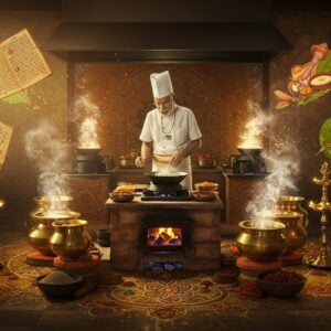 A majestic Indian kitchen scene with an elderly, distinguished-looking Brahmin chef in traditional white dhoti and angavastram, his sacred thread visible, standing at a traditional wooden cooking platform. He's surrounded by gleaming brass and copper vessels arranged in a mandala pattern. The scene features modern stainless steel appliances seamlessly integrated with traditional cooking implements like sil-batta (grinding stone) and iron kadai. Floating around him are ethereal, glowing representations of ancient Sanskrit culinary texts and palm leaves. The background shows intricate Madhubani-style artwork depicting various cooking processes and ingredients. A warm, golden light illuminates aromatic steam rising from the vessels, forming subtle patterns of spices and herbs. The chef's hands are positioned in a mudra-like gesture while adding spices to a dish. The color palette includes deep turmeric yellows, vermillion reds, and burnished copper tones. Delicate patterns of traditional kolam designs flow across the floor. The scene has a photorealistic quality while maintaining spiritual and mystical elements, with soft bokeh effects and subtle lens flares highlighting key elements.