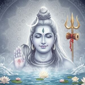 A luminous manifestation of Lord Shiva as Sadyojata emerges from a cosmic spiral, depicted as a youthful, serene face with pure white complexion, resembling the jasmine flower. His four arms hold a damaru (drum), trishul (trident), rudraksha mala, and abhaya mudra gesture. Crystal-clear celestial waters flow beneath, reflecting ethereal light. The background features an intricate mandala pattern in soft silver and white, with sacred geometry patterns emerging from it. Mystical fog swirls around the base, with subtle lotus flowers in pure white floating in the etheric space. The scene is illuminated by a divine glow emanating from Shiva's third eye, creating an otherworldly atmosphere. His matted locks flow with cosmic energy, adorned with a crescent moon and the holy Ganga. The art style combines hyperrealistic digital rendering with traditional Indian Thanjavur painting elements, featuring metallic accents and deep spiritual symbolism. The overall color palette focuses on pristine whites, silver, and subtle blue hues, with occasional touches of gold in the ornaments.