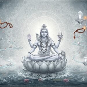 A majestic manifestation of Lord Shiva as Sadyojata, depicted as a young, serene deity with pure white complexion, seated in padmasana on a silver lotus emerging from cosmic waters. He has four arms - right upper hand holding rudraksha mala, right lower hand in abhaya mudra, left upper hand holding a water vessel, and left lower hand holding a crystal lingam. His face radiates divine peace with half-closed eyes and gentle smile. Behind him, a massive ethereal mandala in shades of white and silver pulses with sacred geometry patterns. Floating crystal lingams and rudraksha beads orbit around him. The scene is illuminated by soft, divine white light creating a misty, ethereal atmosphere. Small streams of sacred water flow in spirals around the composition. Traditional Indian artistic elements like intricate border patterns and stylized lotus motifs frame the scene. The overall color palette focuses on pristine whites, silver, and subtle touches of gold, creating a pure, sattvic ambience. Hyperrealistic digital art style with atmospheric lighting and particle effects.