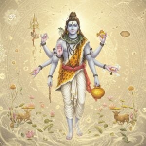 A majestic, luminous figure of Lord Sadyojata Shiva emerging from a swirling cosmic void, depicted as a youthful, handsome being with fair complexion and serene expression. His four arms hold a crystal rosary (right upper), abhaya mudra (right lower), a golden vessel of nectar (left upper), and varada mudra (left lower). He wears pristine white silk dhoti with gold embellishments, minimal yet divine ornaments, and a crescent moon adorning his crown of matted locks. The background features intricate Madhubani-style patterns dissolving into creation - sprouting lotus flowers, emerging celestial bodies, and nascent universe elements in soft pastel hues of cream, gold, and pale blue. Surrounding him are delicate sacred geometric patterns and mandalas in golden light, representing the birth of existence. Floating spiritual symbols and ethereal mist in shades of white and gold enhance the divine atmosphere. The art style combines hyperrealistic digital rendering with traditional Indian artistic elements, creating a modern yet culturally authentic representation. The overall composition emphasizes serenity, creation, and divine grace.