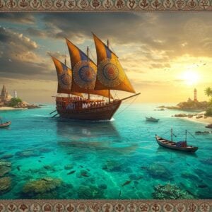 A majestic Indian vessel with traditional motifs sailing through turquoise waters, its saffron sails adorned with intricate Madhubani patterns in deep blue and gold. The ship's bow features a stylized lotus design. The scene captures a panoramic view of India's diverse coastline - coconut palms, ancient temples, and modern ports blend seamlessly. In the foreground, crystal-clear waters show colorful coral reefs and marine life. The sky features a dramatic sunset with warm golden rays creating a mystical atmosphere, with clouds forming subtle mandala patterns. Traditional fishing boats with characteristic Indian designs dot the waters. The lighting is ethereal, with soft glows reflecting off the water surface. The coastline transitions from sandy beaches to rocky cliffs, with lighthouse structures visible in the distance. Intricate Pattachitra-style border patterns frame the scene, featuring marine motifs and traditional Indian nautical symbols. The art style combines photorealistic water effects with stylized traditional Indian art elements, creating a harmonious blend of modern and classical aesthetics.