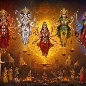 A magnificent panoramic scene showing six distinct Indian Goddesses emerging from a cosmic golden mandala, each representing different regions: Kamakhya from Northeast in deep red attire with tantric symbols, Vaishno Devi from North in white with three heads, Chamundeshwari from South in maroon-gold with eight arms holding traditional weapons, Mumba Devi from West in bright yellow with lotus symbols, Vindhyavasini from Central India in forest green with a sword, and Kali from East in deep blue with four arms holding sword, severed head, lotus, and blessing mudra. The Goddesses are arranged in a circular formation, connected by swirling energy streams in saffron and gold. The background features regional temple architecture elements merging into each other. Intricate Madhubani-style patterns fill the spaces between, with miniature devotees at the bottom. The scene is illuminated by divine light emanating from multiple floating diyas, creating an ethereal atmosphere. Small regional cultural motifs like Bengali alpana, Rajasthani mandana, and Kerala mural elements float in the background. The art style combines hyperrealistic digital rendering with traditional Indian art elements, maintaining rich jewel tones and metallic accents.