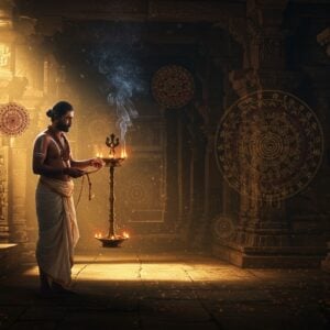 A mystical Indian priest in traditional white dhoti and angavastram, adorned with vibrant sacred threads and rudraksha beads, standing in a dimly lit ancient stone temple corridor. His face is partially shadowed, creating an air of mystery, while golden light streams through ornate temple windows illuminates his silhouette. Behind him, intricate Dravidian architecture with detailed stone carvings merges with modern metallic elements. The scene features floating mandalas in deep maroon and gold, swirling with ethereal energy. Ancient Sanskrit scriptures carved in stone glow with a subtle blue light. The priest holds a traditional brass lamp in one hand, its flame casting dramatic shadows, while his other hand forms a powerful mudra. Smoke from sacred incense creates mesmerizing patterns in the air, blending with modern particle effects. Art style combines photorealistic texturing with mystical digital elements, dark atmospheric lighting with selective golden highlights, creating a cinematic mood reminiscent of high-end film visuals.