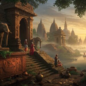 A grand ancient Indian kingdom vista with ornate Buddhist-style stone gateways and towering spires emerging from misty Bengal delta landscapes, illuminated by golden sunset. In the foreground, intricately carved terracotta panels showing maritime trade scenes with detailed ships. Archaeological artifacts like copper coins, bronze statues, and pottery fragments scatter across weathered stone steps. Traditional Bengali architectural elements blend with Buddhist stupas. Moss-covered stone elephants guard temple entrances. Maritime merchants in period-accurate 6th-century attire examining precious gems and textiles. Rich jewel tones of deep reds and royal blues contrast with weathered stone textures. Soft glowing light filtering through banyan trees. Art style combines traditional Pattachitra patterns in the border details with modern digital painting techniques, photorealistic textures, and atmospheric lighting. Scene includes authentic archaeological elements like Gupta-era sculptures and architectural details based on excavations. hyper-detailed, cinematic, golden hour lighting, mystical atmosphere, 8k resolution.