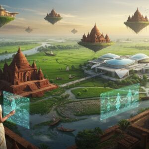 A panoramic aerial view of ancient Samatata region, featuring a seamless blend of past and present - traditional Bengali terracotta temples with intricate Pattachitra-style carvings merging into modern sustainable architecture. In the foreground, a young Indian woman in contemporary Bengali attire (white and gold saree) uses holographic technology to interact with 3D projections of historical artifacts. The landscape showcases lush green rice paddies, meandering rivers with traditional wooden boats, and mangrove forests of the Bengal delta. Floating above are ancient Buddhist monasteries transformed into eco-friendly cultural centers, illuminated by soft golden light. The scene includes detailed Madhubani-style border patterns featuring local flora and fauna. The color palette combines deep teals, burnt oranges, and royal purples of traditional art with sleek silvers and blues of futuristic elements. Ethereal mist connects the ancient and modern elements, while sacred lotus flowers bloom in scattered water bodies. The lighting creates a mystical atmosphere with golden hour sunlight filtering through modern glass structures and ancient temple spires.