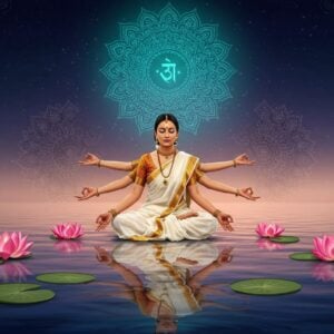 A serene Indian woman in a flowing white silk saree with golden border, seated in padmasana (lotus position) on a reflective pool of water, her face radiating inner peace. Multiple ethereal reflections of herself appear in the water, each showing different emotional states, symbolizing equilibrium. The scene is framed by intricate Madhubani-style borders featuring peacock motifs and sacred geometry patterns in deep indigo and gold. Floating lotus flowers in varying stages of bloom surround her, creating perfect symmetry. Above her, a large, glowing mandala in shades of turquoise and gold radiates light. The background features a gradient from deep midnight blue to soft dawn pink, with delicate golden Sanskrit-inspired patterns floating like cosmic dust. The lighting is dreamy and ethereal, with soft highlights illuminating the woman's serene expression. The overall composition should blend traditional Indian art elements with modern digital art techniques, creating a sophisticated and contemporary spiritual aesthetic.