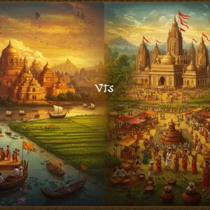 A grand, cinematic split composition depicting two contrasting ancient Indian kingdoms - Samatata and Vanga, separated by a flowing golden river. On the left, Samatata shows majestic Buddhist monasteries with copper-topped stupas, maritime trading ports with ancient ships, and rice fields in deep emerald green, characteristic of its fertile delta region. On the right, Vanga displays grand Hindu temples with intricate Bengali architecture, bustling marketplaces with silk traders, and dense forests. Both sides feature period-accurate Indian nobles, merchants, and common people in traditional Bengali attire from 6th-7th century CE. The scene is rendered in rich, deep colors of gold, saffron, and peacock blue, with intricate Madhubani-style patterns flowing throughout. Ethereal golden light bathes the scene, while detailed cultural motifs like lotus flowers and ancient Bengali scripts float as subtle overlays. The composition includes historically accurate elements like copper plates, terracotta artifacts, and traditional boats. The art style combines hyperrealistic architectural details with stylized Pattachitra-inspired figure work, creating a dreamlike quality while maintaining historical accuracy. Soft glowing mandalas frame the corners, and a subtle map-like pattern forms the background.