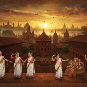A majestic ancient Bengali palace complex in Samatata, rendered in rich Pattachitra style with modern digital elements, featuring intricate terra-cotta architecture with curved Bengali roofs and detailed relief carvings. The foreground shows elegant Bengali women in traditional white-and-red bordered sarees performing classical dance poses, adorned with traditional Bengali jewelry. The scene is illuminated by warm golden light, with ancient Buddhist stupas and Hindu temples visible in the background. Floating lotus flowers and traditional Bengali alpana patterns frame the scene. The color palette includes deep reds, burnt orange, rich browns, and gold accents. The sky features mystical clouds in peacock blue and saffron hues. Ancient maritime trading ships are visible on a distant river, suggesting the region's historical importance in trade. Intricate Madhubani-style border patterns incorporate symbols of Bengal's cultural heritage - fish motifs, conch shells, and Bengal tigers. The overall composition creates a dreamlike, ethereal atmosphere while maintaining historical accuracy in architectural and costume details. Photorealistic rendering with subtle fantasy elements.