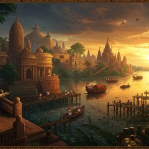 A majestic ancient Indian cityscape at sunset, featuring ornate Buddhist stupas and Hindu temples with intricate Pala-style architecture merging with dense mangrove forests of Bengal. In the foreground, a noble Bengali king in rich silk robes and golden crown stands on an elevated platform, overlooking a bustling port where merchant ships with distinctive Buddhist and Southeast Asian designs dock at wooden jetties. The scene includes detailed elements like trading activities with merchants exchanging silk, spices, and precious gems. The water reflects golden sunlight, while exotic birds soar overhead. The artistic style combines traditional Pattachitra techniques with modern digital art, using a rich color palette of deep blues, burnt oranges, and royal golds. Intricate Bengali motifs and patterns adorn the buildings and vessels. The atmosphere suggests both prosperity and impending change, with storm clouds gathering at the distant horizon. The scene is framed by ornate Buddhist-style border patterns and includes subtle references to maritime trade routes through floating lotus flowers and scattered coins.