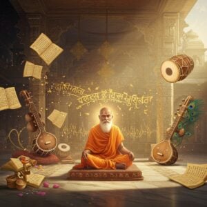 A serene, ethereal scene depicting an ancient Indian sage in a flowing saffron dhoti seated in padmasana on a marble platform, surrounded by floating, golden Sanskrit verses transforming into musical notes and rhythmic patterns. The background features a grand temple courtyard with ornate pillars decorated with Madhubani-style patterns. Soft beams of morning light filter through the pillars, creating a divine atmosphere. Around the sage, visualized sound waves in deep indigo and gold ripple outward, taking the form of peacock feathers and lotus petals. Traditional Indian musical instruments like veena and mridangam float weightlessly, emanating geometric patterns that merge with the Sanskrit verses. The scene is rendered in a blend of traditional Pattachitra art style with modern digital aesthetics, using a color palette of deep saffron, burnished gold, peacock blue, and warm ivory. Mystical glowing mandalas hover in the background, while delicate threads of light connect the musical patterns to ancient palm leaf manuscripts visible in the periphery. The overall composition suggests the divine connection between sound, rhythm, and sacred verse.