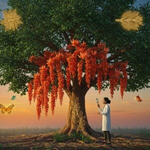 A majestic Saraca Asoca tree in full bloom, showcasing its distinctive orange-red flower clusters against deep emerald leaves, rendered in a fusion of Madhubani and digital art styles. The central trunk features intricate botanical patterns in gold filigree, while delicate flower clusters cascade down like a crimson waterfall. A young Indian botanist in contemporary clothing studies the tree, holding a magnifying glass that reflects golden light. The background shows a dreamy gradient of dawn colors - soft saffron blending into peacock blue. Floating around the tree are detailed anatomical illustrations of the Ashoka tree's parts - leaves, flowers, and bark - styled as ethereal, glowing golden line art. The scene is illuminated by dappled sunlight filtering through the canopy, creating a mystical atmosphere. Small butterflies with mandala-patterned wings flutter among the flowers. The ground beneath shows visible roots forming intricate sacred geometry patterns. Hyperrealistic textures blend seamlessly with traditional Indian art motifs, creating a surreal yet scientifically accurate representation.