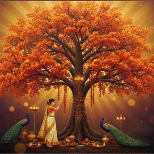A majestic Saraca Asoca tree in full bloom, with vibrant orange-red clusters of flowers cascading down its branches, centered in a mystical Indian garden setting. The tree trunk is adorned with traditional red and golden threads and offerings. A young Indian woman in a cream-colored silk saree with gold border performs a reverent pradakshina (circumambulation) around the tree. Floating diyas and copper vessels with water rest at its base. The background features an ornate Madhubani-style rising sun pattern in saffron and gold. Ethereal rays of morning light filter through the branches, creating a divine atmosphere. Peacocks with intricate Pattachitra-style detailing rest near the tree. Small vignettes in Phad art style float in the corners, depicting Lord Buddha's mother Queen Maya and Sita from Ramayana seeking shelter under the tree. The scene is rendered in rich, deep colors - crimson, saffron, emerald green, and royal blue, with golden accents throughout. Soft, glowing orbs of light float around the tree, suggesting its sacred nature. The overall composition balances traditional Indian artistic elements with modern digital art techniques, creating a serene yet powerful visual narrative.
