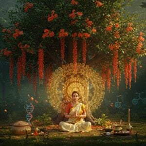 A majestic Ashoka tree in full bloom with vibrant orange-red flowers cascading down, centered in a mystical Indian garden setting. A serene Indian female Ayurvedic practitioner in an elegant cream-colored saree with golden border sits beneath the tree in padmasana pose. Around her, a glowing golden mandala pattern radiates outward, intertwined with DNA helixes and molecular structures in soft blue light. Traditional brass Ayurvedic vessels, mortar and pestle with healing herbs are arranged nearby. The scene is illuminated by ethereal light filtering through the dense canopy, creating dappled patterns on the ground. Floating particles of light and botanical elements swirl in the air. In the background, intricately detailed Madhubani-style patterns merge with modern scientific symbols. The color palette features deep maroons, saffron, emerald green, and touches of gold. The overall composition balances traditional Indian art elements with contemporary scientific visualization, rendered in a sophisticated digital art style with soft depth of field and atmospheric lighting.