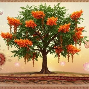 A majestic Saraca Asoca tree in full bloom, centered in the composition, illuminated by golden morning light, with vibrant orange-red flower clusters cascading down its branches. The tree's distinctive dark green, pinnate leaves are rendered in precise botanical detail. In the foreground, a stylized cross-section reveals the tree's internal anatomy with intricate Madhubani-style patterns showing the bark layers, heartwood, and vascular system in rich maroon and deep brown tones. Delicate spiritual symbols and mandalas float ethereally around the tree, rendered in glowing peacock blue and saffron. The background features a soft gradient from pale pink to warm gold, with floating lotus motifs. Translucent anatomical diagrams of the flowers and leaves blend seamlessly with traditional Indian artistic elements. The scene is framed by an ornate border combining traditional Pattachitra patterns with modern geometric designs. Hyper-detailed digital art style with photorealistic textures of bark and flowers, enhanced with surreal lighting effects and a dreamy atmosphere.