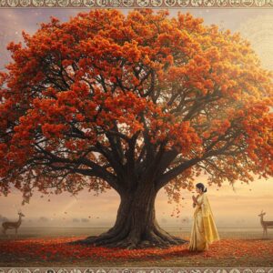A majestic Saraca Asoca tree in full bloom, with clusters of vibrant orange-red flowers cascading down its branches, set against a mystical dawn sky in soft pastel pinks and purples. In the foreground, an elegantly dressed Indian woman in a cream silk saree with golden border performs a reverential pradakshina (circumambulation) around the tree. Beautiful golden mandalas float ethereally in the background, emitting a soft divine glow. The tree's dark green foliage contrasts with its flowers, while scattered flower petals create a natural carpet on the ground. Deer graze peacefully nearby, symbolizing the tree's connection to Buddha's enlightenment. Ancient Madhubani-style patterns adorn the borders of the scene, featuring traditional medicinal symbols and sacred motifs. The lighting is warm and mystical, with rays of golden sunlight filtering through the branches, creating a dreamy, spiritual atmosphere. The art style combines photorealistic details with ethereal Indian traditional art elements, digital painting, cinematic composition, 8k resolution.