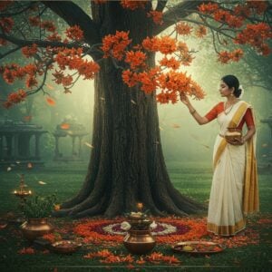 An ethereal garden scene featuring a majestic Saraca Asoca tree in full bloom with clusters of vibrant orange-red flowers, set against a mystical dawn backdrop. A young Indian woman in a pristine white cotton saree with golden border gracefully reaches out to touch the flowers, her other hand holding a traditional brass vessel containing healing herbs. Intricate Madhubani-style patterns frame the scene, incorporating traditional medicinal symbols and flowing vines. The tree trunk features detailed botanical accuracy with its dark brown bark and characteristic ridges. Soft, golden light filters through the dense canopy, creating a sacred atmosphere. In the foreground, scattered Ashoka flowers form a decorative mandala pattern on the ground, with some floating in a copper vessel of water. The background features ancient temple architecture elements in soft focus. The art style combines hyperrealistic botanical details with ethereal Indian artistic elements, using a color palette of deep oranges, rich browns, emerald greens, and touches of gold. Dewdrops on the flowers create a magical sparkle effect in the morning light.