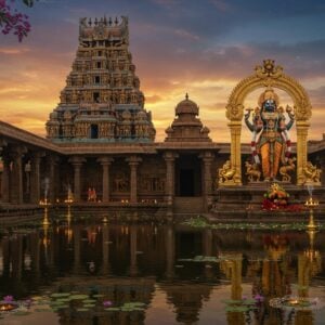 A majestic ancient South Indian temple complex at sunset, featuring intricate Dravidian architecture with a towering gopuram decorated with detailed sculptures in gold and terracotta hues. The main shrine contains a serene, detailed statue of Lord Vishnu as Saranathan, with four arms holding sankha, chakra, gadha, and padma, adorned in traditional temple jewelry and vibrant silk vastram. The foreground shows a reflective pool with floating lotus flowers, creating perfect symmetry of the temple's reflection. Ornate stone pillars with carved mythological figures line the pathway, while divine light streams through the mandapa. The scene is enhanced with traditional deepa oil lamps casting a warm golden glow, and ethereal smoke from ritual incense creating a mystical atmosphere. The style combines hyperrealistic architectural details with magical spiritual elements, featuring a color palette of deep blues, rich golds, burnt oranges, and royal purples. The sky shows subtle mandala patterns and celestial elements merging traditional Madhubani art with modern digital aesthetics. The entire composition is framed by blooming temple tree flowers and traditional Tamil kolam patterns.