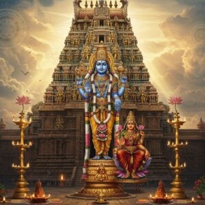 A majestic, detailed front view of the Sarangapani Temple's towering gopuram with intricate Dravidian architecture, adorned with gold-leafed sculptures and celestial figures. In the center, Lord Vishnu as Sarangapani stands in a serene pose with four arms - upper right hand holding the Sudarshana Chakra, upper left hand holding the sacred conch, lower right hand in abhaya mudra, and lower left hand pointing to his feet. He wears traditional temple jewelry and a crown embedded with precious stones. His consort Lakshmi sits at his feet on a blooming golden lotus. The scene is illuminated by warm, divine light streaming through clouds, creating a ethereal atmosphere. Traditional oil lamps and intricate rangoli patterns decorate the foreground. Floating mandala patterns and stylized lotus motifs frame the composition. The color palette focuses on deep royal blues, gold, saffron, and vermillion. The art style combines hyperrealistic architectural details with mystical Indian traditional art elements, rendered in high-quality digital illustration style.