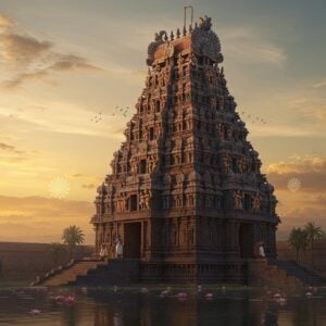 A magnificent 11-tiered Vimana gopuram rising majestically against a dawn sky with soft golden and saffron hues, adorned with intricate Dravidian architectural details in the style of Madhubani art. The gopuram features detailed sculptures of Vishnu avatars and divine beings in traditional poses, carved with precise geometric patterns and ornate details. The base shows devotees in traditional Tamil attire performing pradakshina. Lotus motifs and traditional South Indian architectural elements are prominently featured throughout the structure. The scene is illuminated by ethereal morning light creating dramatic shadows across the carved surfaces. Sacred elephants stand guard at the base, decorated with traditional temple ornaments. Floating mandalas and subtle divine auras surround the tower. The foreground features a reflective temple tank with floating lotus flowers, mirroring the grand structure. The color palette includes deep maroons, gold leaf accents, peacock blues, and earthy terracotta tones. Hyperdetailed, cinematic lighting, photorealistic textures, volumetric god rays streaming through clouds, architectural visualization quality, 8k resolution.