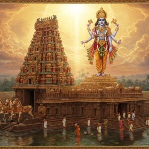 A grand aerial view of the magnificent Sarangapani Temple with its towering 11-story gopuram decorated in intricate Dravidian architecture, rendered in rich gold and saffron hues. The temple's distinctive horse-chariot structure stands prominently in the foreground, crafted with precise architectural details. Lord Vishnu as Sarangapani is shown floating ethereally above the temple, depicted with four arms holding the Sankha, Chakra, Gada, and Padma, adorned in traditional temple jewelry and a peaceful expression. The scene is illuminated by a divine, soft golden light breaking through mystical clouds, creating a heavenly atmosphere. Ornate mandala patterns and lotus motifs frame the composition, while devotees in traditional Tamil attire are shown in reverent worship. The surrounding temple tank reflects the golden sky, adding depth to the scene. The art style combines hyperrealistic architectural details with ethereal spiritual elements, featuring a color palette of deep maroons, peacock blues, and gold with subtle pastel undertones. Intricate Madhubani-style patterns adorn the borders of the scene.