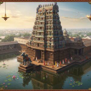 A magnificent aerial view of Sarangapani Temple in Kumbakonam, featuring its towering 11-story gopuram adorned with intricate Dravidian sculptures, glowing in golden morning sunlight. The temple's distinctive horse-mounted Garuda shrine stands prominently in the foreground. The surrounding temple tank reflects the structure like a mirror, with floating lotus flowers and traditional oil lamps. The scene is rendered in a fusion of traditional Pattachitra art style with modern digital aesthetics, featuring rich peacock blues, deep maroons, and lustrous gold. Devotees in traditional Tamil attire circumambulate the temple, creating dynamic movement. Ornate mandala patterns frame the corners, while ethereal light rays pierce through morning mist. The architecture details are precise, showing the temple's unique features including its 24 sub-shrines and distinctive vimana. Subtle glowing halos and sacred geometrical patterns enhance the spiritual atmosphere, while maintaining photorealistic architectural accuracy.