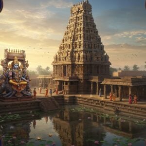 A majestic aerial view of the Sarangapani Temple's ornate gopuram rising against a dawn sky with soft golden rays. The distinctive 11-tiered tower adorned with intricate Chola-style sculptures glows in warm light. In the foreground, a detailed rendering of Lord Vishnu in his reclining pose on Adisesha, with precise details of his four hands holding sankha, chakra, lotus, and mace. The temple's reflection appears in a serene water body with floating lotus flowers. Modern Indian devotees in contemporary clothing walking through the ancient stone mandapas, creating a beautiful contrast of old and new. Intricate Madhubani-style patterns frame the scene, featuring peacocks, lotus motifs, and traditional geometric designs in deep indigo, saffron, and gold. Soft, ethereal mist surrounds the temple base, while small oil lamps create points of golden light throughout. The scene captures both the temple's architectural grandeur and its living spiritual essence, with detailed textures of the ancient stone work visible in the morning light. Hyperrealistic digital art style with careful attention to architectural accuracy and cultural details.