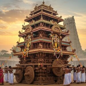 A magnificent ornate wooden temple chariot with multiple tiers, intricately carved with traditional Dravidian architectural details, standing majestically against a dawn sky with golden sunrays. The chariot features elaborate carvings of Vishnu in his Sarangapani form with four arms holding Sankha, Chakra, Gada, and Padma, surrounded by detailed depictions of celestial beings and mythological scenes. The chariot wheels are massive, decorated with traditional Tamil motifs and brass embellishments. The structure is adorned with vibrant flowers, colorful silk banners, and golden bells. In the foreground, a group of devotees in traditional South Indian attire pull the massive ropes attached to the chariot with devotional fervor. The scene is rendered in a fusion of Tanjore painting style and modern digital art, with rich colors of deep maroon, royal blue, and burnished gold. Soft divine light emanates from behind the chariot, creating a mystical atmosphere. The background shows the towering gopuram of Sarangapani temple with its distinctive architectural elements, partially visible through a misty morning atmosphere.