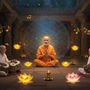 A mystical Indian classical music gathering at twilight, featuring three elderly Indian musicians in traditional white kurtas playing traditional instruments (sitar, tabla, and tambura) surrounded by floating golden musical notes and ethereal light orbs. The central figure is a serene Satguru in meditation pose, radiating a soft golden aura, wearing saffron robes with intricate Madhubani-style patterns. Behind them, a large ornate mandala in peacock blue and gold pulses with rhythmic energy. The scene is set in a ancient temple courtyard with carved pillars, where translucent lotus flowers float in the air, each emanating a different colored light (soft pink, pale blue, warm gold). Swirling patterns of incense smoke form delicate Sanskrit musical notations. The lighting is dramatic with warm golden hues from oil lamps creating deep shadows and highlights. The overall composition should merge photorealistic details with ethereal, spiritual elements, incorporating traditional Pattachitra art patterns in the background architecture.