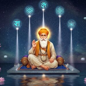 A serene, ethereal portrait of Guru Nanak Dev Ji in traditional white robes with a saffron turban, seated in padmasana on a modern, minimalist platform floating above a reflective pool. His face radiates divine light with a soft golden aura. In his right hand, he holds a golden rabab, while his left hand is in gyan mudra. Around him, five streams of light spiral upward, each containing modern holographic symbols representing his core teachings - equality, service, devotion, meditation, and honest living. The background features a massive, intricate mandala in deep indigo and gold, merging traditional Madhubani patterns with contemporary geometric designs. Floating lotus flowers in pastel pink and white emit soft luminescence. The scene is set in a cosmic space with subtle stars and nebulae in deep blues and purples. Modern elements like translucent sacred geometry patterns and light particles dance around the composition. The lighting is otherworldly with a combination of cool moonlight and warm golden hues. The art style seamlessly blends photorealistic rendering with digital surrealism and traditional Indian artistic elements.