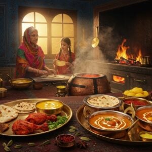A bustling traditional Punjabi kitchen with warm golden light streaming through ornate windows, where a grandmother in vibrant phulkari dupatta teaches her granddaughter the art of making tandoori rotis. The scene features a grand brass tandoor emanating orange-red flames, with perfectly cooked naans stuck to its walls. In the foreground, a beautifully arranged thali with butter chicken in copper vessels, dal makhani in brass bowls, and garnished with cream and fresh coriander. Steam rises artistically, catching the golden light. The kitchen walls showcase traditional Punjabi motifs in deep blues and maroons, while copper and brass utensils gleam on wooden shelves. Fresh ingredients like saffron strands, whole spices, and ghee in traditional vessels are scattered artistically. The lighting is warm and inviting, creating a cozy atmosphere. The art style combines photorealistic food photography with ethereal Indian miniature painting elements, featuring rich colors and intricate details. The scene should evoke feelings of warmth, tradition, and mouth-watering anticipation.