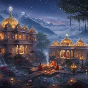A serene night scene of an ethereal ashram nestled in the Himalayas, with illuminated golden domes and traditional Indian architecture merging with modern design elements. The main building features intricate Madhubani-style patterns on its walls glowing with soft light. A large central courtyard shows meditating figures in saffron robes seated around a sacred fire pit emitting peaceful blue flames. Floating lotus flowers and diyas illuminate the surrounding water bodies. The background showcases majestic snow-capped mountains under a star-filled sky with visible constellations. Multiple levels of the ashram are connected by stone pathways lined with blooming flowers and banyan trees with hanging roots. Soft light emanates from traditional oil lamps and modern subtle lighting. Small waterfalls and streams flow through the premises creating a peaceful ambiance. The scene is rendered in a dreamy, photorealistic style with a color palette of deep blues, warm golds, soft oranges, and ethereal whites. Misty clouds partially shroud the higher levels of the ashram, creating a mystical atmosphere. Sacred symbols like Om and Sri Yantra are subtly integrated into the architecture, glowing with a gentle divine light.