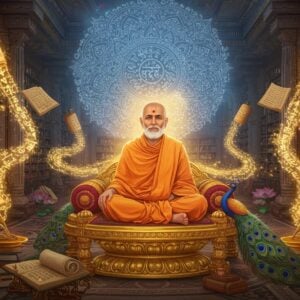 A serene Indian spiritual master in flowing saffron robes seated in padmasana on an ornate golden lotus platform, surrounded by ethereal glowing ancient manuscripts and scrolls floating in spiral formation. The manuscripts feature intricate Devanagari script rendered in shimmering gold ink. Behind him, a large translucent mandala radiates soft blue and golden light. Multiple quill pens made of peacock feathers hover mid-air, emanating streams of luminous Sanskrit verses that transform into flowing rivers of light. The scene is set in a mystical library space with towering bookshelves fading into infinity. Rays of divine light filter through crystal-clear windows, creating a dreamlike atmosphere. Traditional Madhubani-style peacocks and lotus patterns adorn the borders of the scene. The Guru's face reflects deep wisdom and compassion, with a subtle golden aura around his head. The color palette consists of deep maroons, royal blues, saffron, and gold with accents of pearl white. Render in a style blending traditional Indian miniature painting with modern digital art aesthetics, emphasizing both heritage and contemporary appeal.