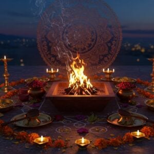 A serene evening scene showing a meticulously arranged traditional dhuni (sacred fire pit) in the foreground, glowing with warm orange flames rising in a perfect triangle shape. Around the dhuni, arranged in a perfect circular pattern, are traditional copper and brass vessels containing puja samagri - kumkum in brass containers, fresh flowers in silver plates, ghee in copper kalash, and wooden spoons with sandalwood paste. The background features a large, intricately detailed gold and maroon Madhubani-style mandala emanating soft light. Floating above the dhuni are ethereal wisps of sacred smoke forming delicate patterns against a deep blue-purple twilight sky. The scene is illuminated by multiple brass diyas placed strategically around the dhuni, creating a warm, golden glow. In the middle ground, fresh marigold flower petals and rice grains are scattered in geometric rangoli patterns. The overall composition has a mystical, 3D-rendered quality with photorealistic textures, dramatic lighting, and a shallow depth of field focusing on the sacred fire. The color palette emphasizes deep maroons, burnt oranges, gold, and peacock blue with subtle touches of emerald green from tulsi leaves.