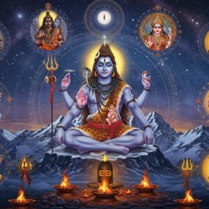 A majestic Lord Shiva in deep meditation, seated in Padmasana on a snow-capped Kailash mountain peak, his four hands displaying Abhaya mudra, holding trishul, damaru, and rudraksha mala. His form ethereally transitions into six different manifestations around him in a circular mandala - a fierce Bhairava with wild hair and burning third eye, a peaceful Dakshinamurthy teaching young sages under a banyan tree, a dancing Nataraja encircled by flames, a family scene with Parvati and Ganesha, an ascetic Shiva with matted locks and tiger skin, and a lingam emanating golden light. The scene features intricate Madhubani-style patterns in deep indigo, saffron and gold. Mystical smoke spirals blend these forms together, while floating lotus flowers, rudraksha beads, and crystalline sacred geometry patterns fill the space between. The lighting is otherworldly with soft blue moonlight from above mixing with the warm glow of burning yagna fires below. The artwork style combines hyperrealistic digital art with traditional Indian temple art motifs, creating a surreal and spiritual atmosphere. The background shows the cosmic universe with stars, galaxies and the crescent moon.