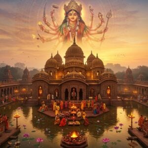 A magnificent aerial view of a mystical Shakti Peeth temple complex at dawn, rendered in rich gold and deep maroon hues. The central temple features traditional Bengali architecture with curved cornices and multiple spires adorned with intricate Madhubani-style patterns. A large, ethereal form of Goddess Sati appears in the sky above, semi-transparent and glowing with divine light, her multiple hands holding traditional weapons and mudras. The temple is surrounded by a circular pattern of 51 smaller, illuminated shrines representing all Shakti Peethas, connected by flowing lines of spiritual energy in peacock blue and saffron. The foreground shows devotees in traditional Indian attire performing puja with flowers and diyas. Sacred lotus flowers float in a reflecting pool, their petals catching the golden morning light. The scene is enhanced with subtle mandala patterns in the sky, glowing with soft pastels of pink and lavender. The entire composition is framed by stylized bharatanatyam mudra hands in Pattachitra style, symbolizing divine energy and protection.