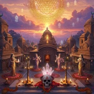 A magnificent aerial view of a sacred Shakti Peetha temple complex at twilight, intricately detailed in Pattachitra style, with a colossal golden Sri Yantra mandala floating above it, emanating divine pink and saffron light rays. The temple architecture features traditional Bengali-style curved roofs with ornate details. In the foreground, Goddess Kali's iconic symbols - a crystal skull bowl and sword - rest on marble steps surrounded by red hibiscus flowers and oil lamps. Multiple ethereal female figures in transparent forms, representing different aspects of Shakti, dance around the temple in graceful poses, their forms incorporating elements from all 51 Shakti Peethas. Scattered across the landscape are miniature versions of other prominent Shakti Peetha temples, connected by streams of flowing golden energy. The sky features mystical clouds in deep purples and blues, with countless floating lotus petals and spiritual symbols. Soft glowing orbs of light illuminate the scene, while peacocks with glowing feathers perch on temple spires. The entire composition should have a photorealistic base with surreal, spiritual overlays, rendered in rich jewel tones with gold accents and hyperrealistic textures.