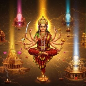 A majestic aerial view of India's map rendered in ethereal golden light, with prominent Shakti Peethas depicted as glowing, ornate temples rising from their respective locations. Each temple emits a distinct colored divine light beam towards the sky - crimson from Kamakhya, blue from Kalighat, saffron from Ujjain, and pearl white from Jwalamukhi. The temples feature intricate Nagara and Dravidian architecture, adorned with detailed Madhubani-style patterns. In the center, a large, luminescent form of Goddess Parvati in meditation pose, wearing a deep red silk saree with gold embroidery, multiple hands holding traditional weapons - trishul, sword, lotus, and blessing mudra. Her face is serene with a golden aura. Sacred yantra patterns float in the background, while lotus flowers and spiritual symbols emerge from a swirling cosmic energy that connects all temples. The scene is enhanced with floating diyas, subtle smoke trails of incense, and ethereal peacock feather motifs. The color palette combines deep maroons, royal blues, saffron, and gold, with modern gradient effects and digital glow elements.
