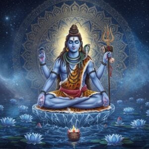 A mesmerizing portrait of Lord Shiva in deep meditation, seated in Padmasana on a crystal platform floating above swirling cosmic waters. His four arms arranged gracefully - upper right holding damaru, upper left holding trishul, lower hands in dhyana mudra. His serene face with closed eyes, illuminated by the crescent moon in his matted locks intertwined with the sacred Ganga. The third eye subtly glowing with divine wisdom. His body adorned with vibhuti, rudraksha malas, and a cobra coiled around his neck. Behind him, a massive mandala in shades of deep blue and gold radiates ethereal energy. Multiple lotuses in various stages of bloom float on the cosmic waters below, each emanating soft blue light. Intricate Madhubani-style patterns in gold frame the edges. The scene is bathed in a mysterious blue aura with hints of silver moonlight, creating a depth of spirituality. Swirling galaxies and stars visible in the background. Digital art style merging photorealism with traditional Indian artistic elements, emphasizing both divine mysticism and cosmic grandeur.