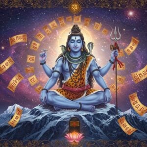 A majestic Lord Shiva in deep meditation, seated in Padmasana on a snow-capped mountain peak resembling Mount Kailash, depicted with four arms - upper right hand holding trishul, upper left hand holding damru, lower hands in dhyana mudra. His form radiates a soft blue ethereal glow against a cosmic backdrop filled with swirling galaxies and nebulae in deep purples and blues. His matted locks flow with the celestial Ganga, adorned with crescent moon and serpents. The third eye prominent on forehead, body adorned with rudraksha beads and tiger skin. Around him float multiple scrolls in various Indian scripts - Sanskrit, Hindi, Tamil, Telugu - with a golden luminescent aura. Sacred geometric mandala patterns in gold and silver frame the entire scene. Traditional Indian art motifs like lotus flowers and intricate paisley patterns blend seamlessly with modern digital rendering. The atmosphere captures both deep meditation and cosmic energy with swirling spiritual energy in saffron and white. Hyperrealistic digital art style with strong attention to detail, especially in Shiva's serene expression and the texture of the flowing hair and scrolls.