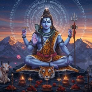 A majestic Lord Shiva in deep meditation pose, seated on a tiger skin at the peak of Mount Kailash, with his four hands - upper right holding trishul, upper left holding damru, lower right in abhaya mudra, and lower left in gyan mudra. His form radiates a cosmic blue aura with intricate mandala patterns. The crescent moon in his matted locks glows ethereally, while the third eye emits a subtle golden light. Sacred river Ganga flows from his hair. Around him, multiple rings of Sanskrit verses transform into streams of divine light, creating a mystical energy field. The background features snow-capped Himalayan peaks bathed in sunrise colors of deep orange and purple. Nandi the bull sits devotedly nearby. Serpents coiled around his neck glow with spiritual energy. The scene includes floating lotus flowers, trails of incense smoke forming geometric patterns, and scattered rudraksha beads. The art style combines hyperrealistic digital rendering with traditional Indian Madhubani patterns in a modern aesthetic, emphasizing deep blues, silver, and gold accents. The overall composition creates a powerful spiritual atmosphere with a sense of divine energy and transcendence.